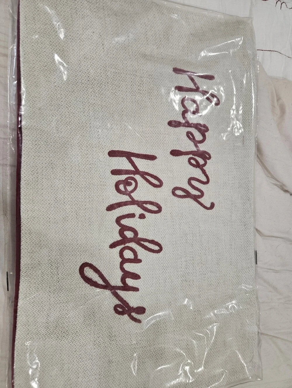 Pottery Barn Cream Holiday Pillow with Red Script